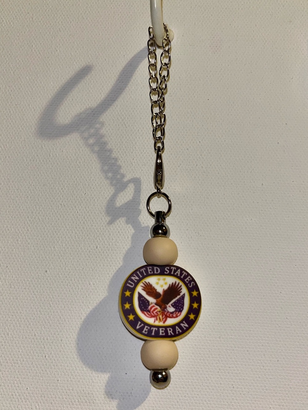 United States Veteran Beaded Charm Pendant w/Beige Beads & Flag & American eagle